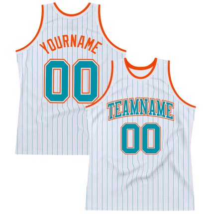 Custom Basketball Jersey with Personalized Name and Number, White Teal Pinstripe, Orange Detail Personalized White Teal Pinstripe