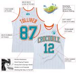 Custom Basketball Jersey with Personalized Name and Number, White Teal Pinstripe, Orange Detail Personalized White Teal Pinstripe