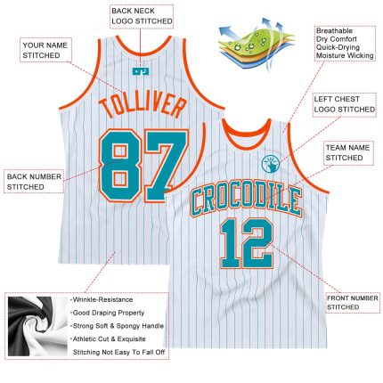 Custom Basketball Jersey with Personalized Name and Number, White Teal Pinstripe, Orange Detail Personalized White Teal Pinstripe