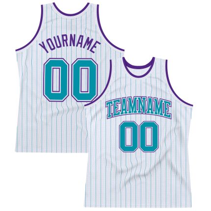 Custom Name Number Basketball Jersey Personalized Teal Purple Pinstripe Authentic Team Apparel Personalized White Teal Pinstripe