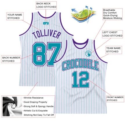 Custom Name Number Basketball Jersey Personalized Teal Purple Pinstripe Authentic Team Apparel Personalized White Teal Pinstripe