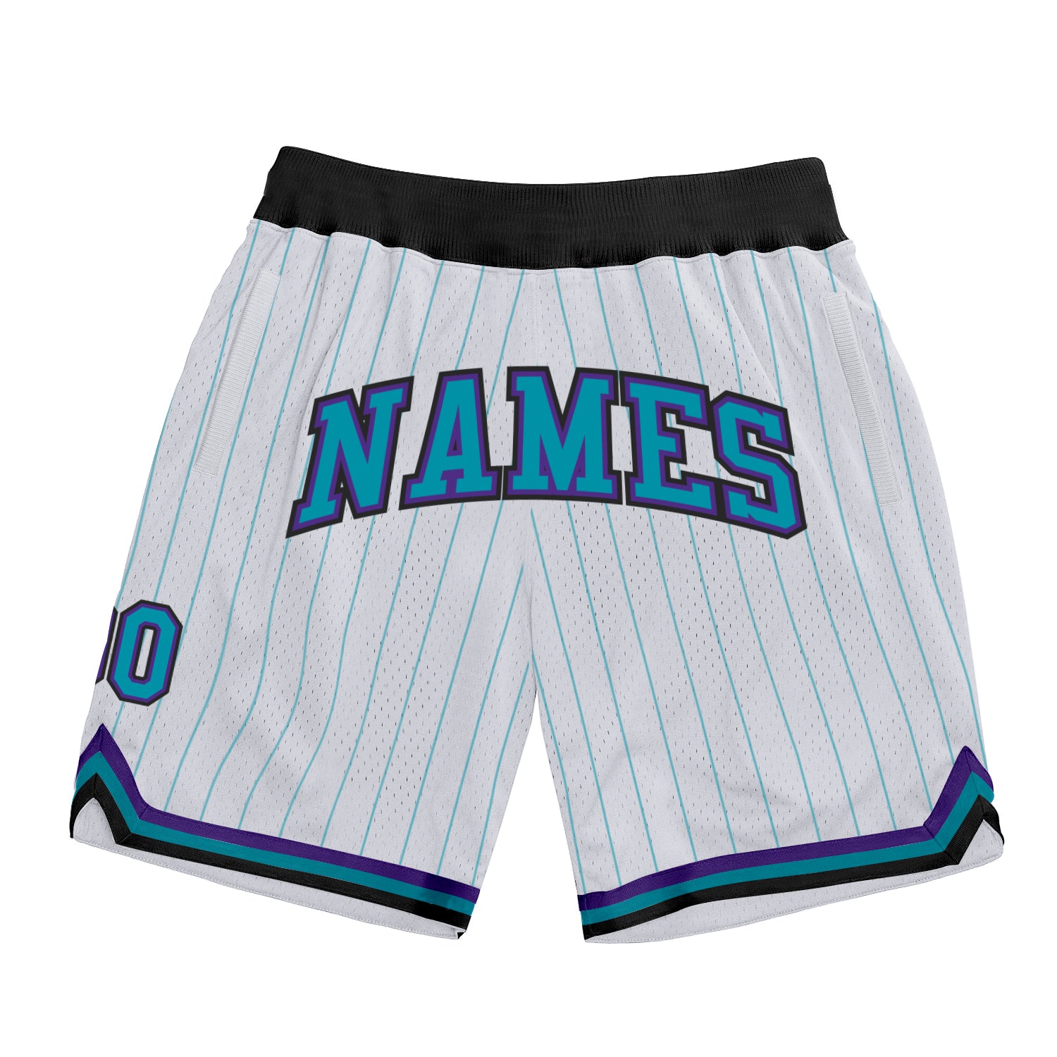 Custom Name Number Personalized Basketball Shorts Teal Pinstripe White Purple Authentic Team Apparel Personalized White Teal