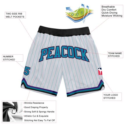 Custom Name Number Personalized Basketball Shorts Teal Pinstripe White Purple Authentic Team Apparel Personalized White Teal
