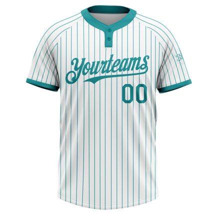 Custom Name and Number Unisex Softball Jersey - Personalized Teal Pinstripe Two-Button White Design Personalized White Teal