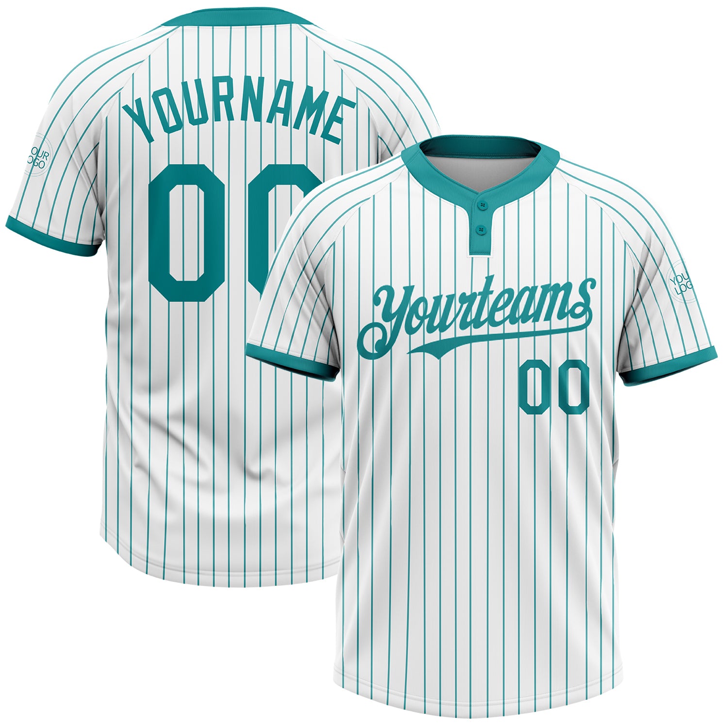 Custom Name and Number Unisex Softball Jersey - Personalized Teal Pinstripe Two-Button White Design Personalized White Teal