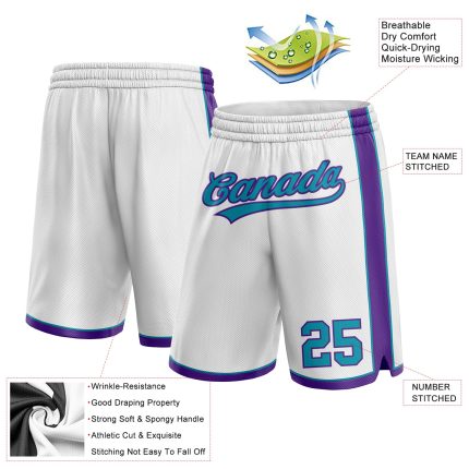 Custom Team Basketball Shorts with Name & Number in White Teal-Purple - Personalized Authentic Sportswear Personalized White