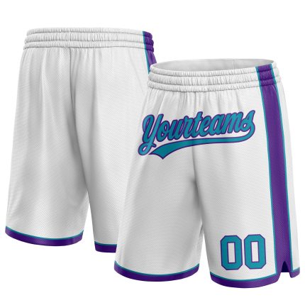 Custom Team Basketball Shorts with Name & Number in White Teal-Purple - Personalized Authentic Sportswear Personalized White