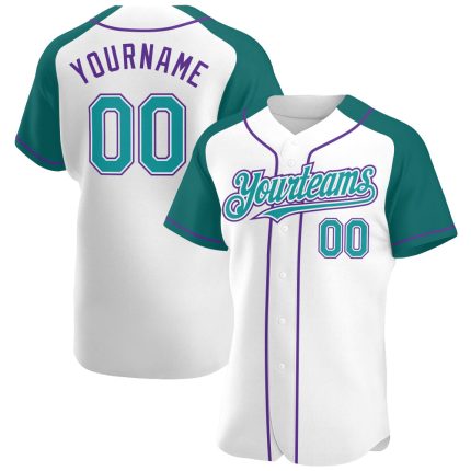 Custom Name and Number Personalized Baseball Jersey with Raglan Sleeves in White Teal-Purple Personalized White Teal-Purple