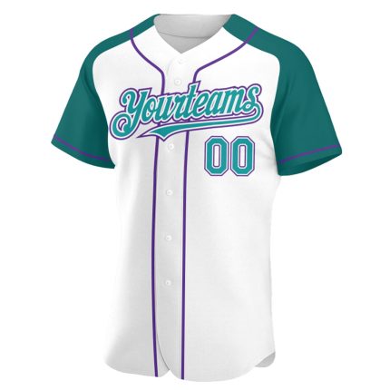 Custom Name and Number Personalized Baseball Jersey with Raglan Sleeves in White Teal-Purple Personalized White Teal-Purple