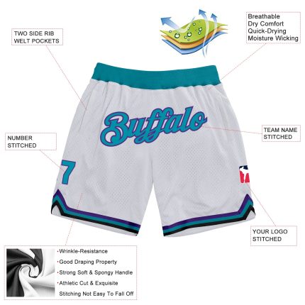 Custom Personalized Basketball Shorts with Team Name and Number - White Teal-Purple Authentic Throwback Design Personalized