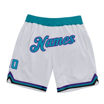 Custom Personalized Basketball Shorts with Team Name and Number - White Teal-Purple Authentic Throwback Design Personalized