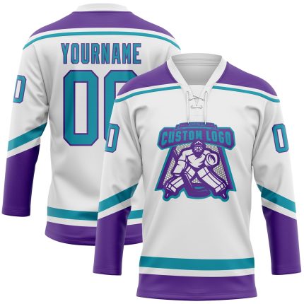 Custom Name and Number Personalized Hockey Jersey in White with Teal-Purple Lace Neck Personalized White Teal-Purple Hockey
