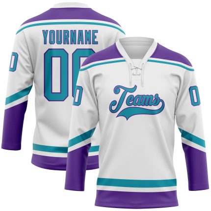 Custom Name and Number Personalized Hockey Jersey in White with Teal-Purple Lace Neck Personalized White Teal-Purple Hockey