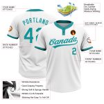 Custom Name and Number Personalized Unisex Softball Jersey - White Teal Two-Button Design Personalized White Teal Two-Button