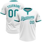 Custom Name and Number Personalized Unisex Softball Jersey - White Teal Two-Button Design Personalized White Teal Two-Button