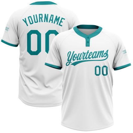 Custom Name and Number Personalized Unisex Softball Jersey - White Teal Two-Button Design Personalized White Teal Two-Button