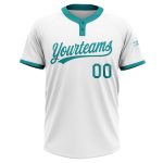 Custom Name and Number Personalized Unisex Softball Jersey - White Teal Two-Button Design Personalized White Teal Two-Button