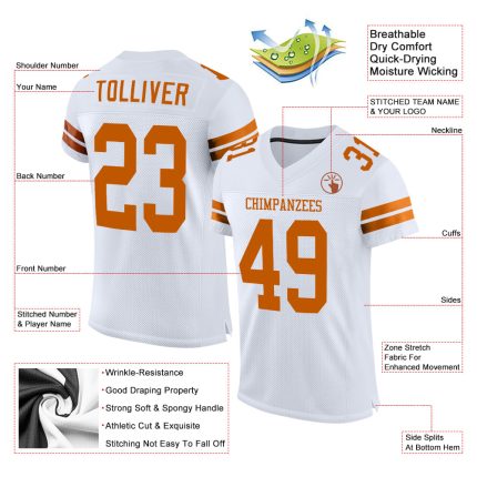 Personalized Orange Texas Football Jersey with Custom Name & Number - Mesh Authentic Team Apparel Personalized White Texas