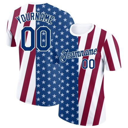 Custom US Navy 3D Pattern Design Performance T-Shirt with Personalized Name and Number in Blue-Maroon Personalized White