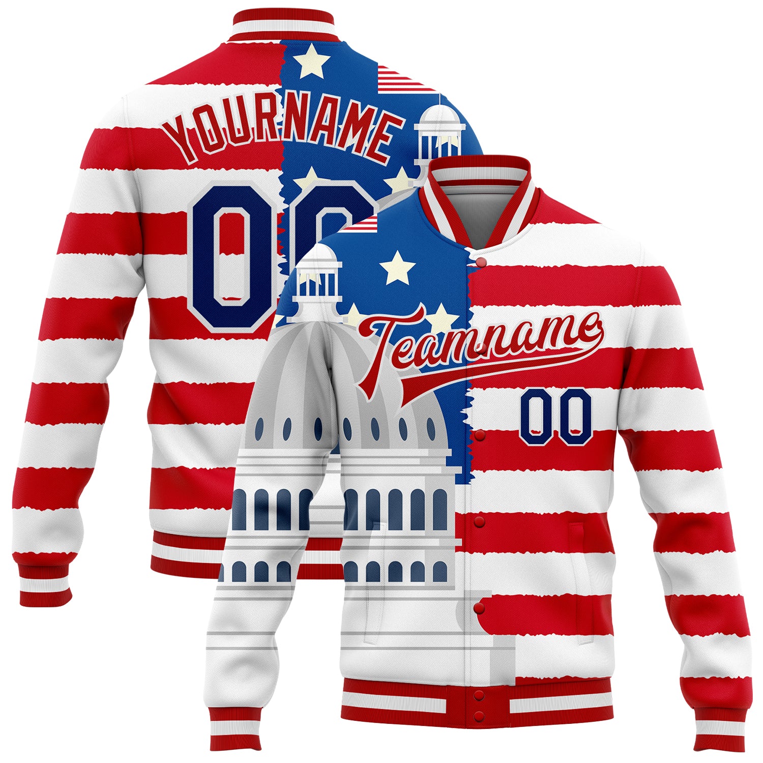 Personalized American Flag Bomber Jacket with 3D Congress Building Design, Custom Name & Number, Varsity Full-Snap Style