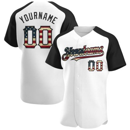 Personalized Vintage USA Flag Baseball Jersey with Custom Name & Number - Black Raglan Sleeves Personalized White Vintage