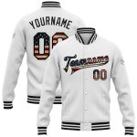 Custom Vintage USA Flag Black Bomber Varsity Jacket with Personalized Name and Number - Full Snap Letterman Style Personalized