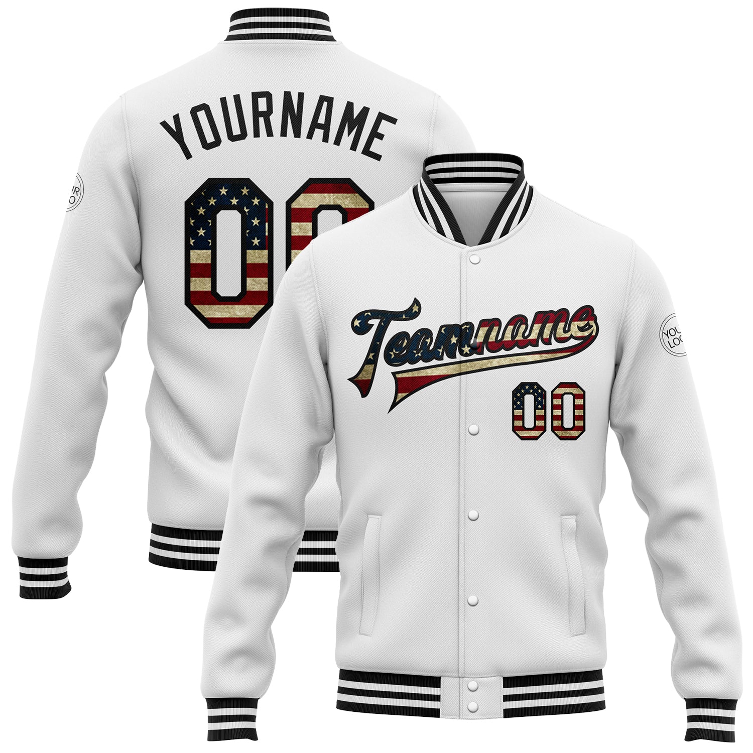 Custom Vintage USA Flag Black Bomber Varsity Jacket with Personalized Name and Number - Full Snap Letterman Style Personalized