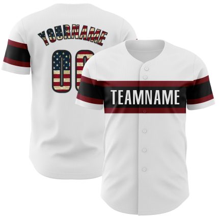 Customizable Vintage USA Flag Baseball Jersey with Black-Maroon Design - Personalized Name and Number Personalized White