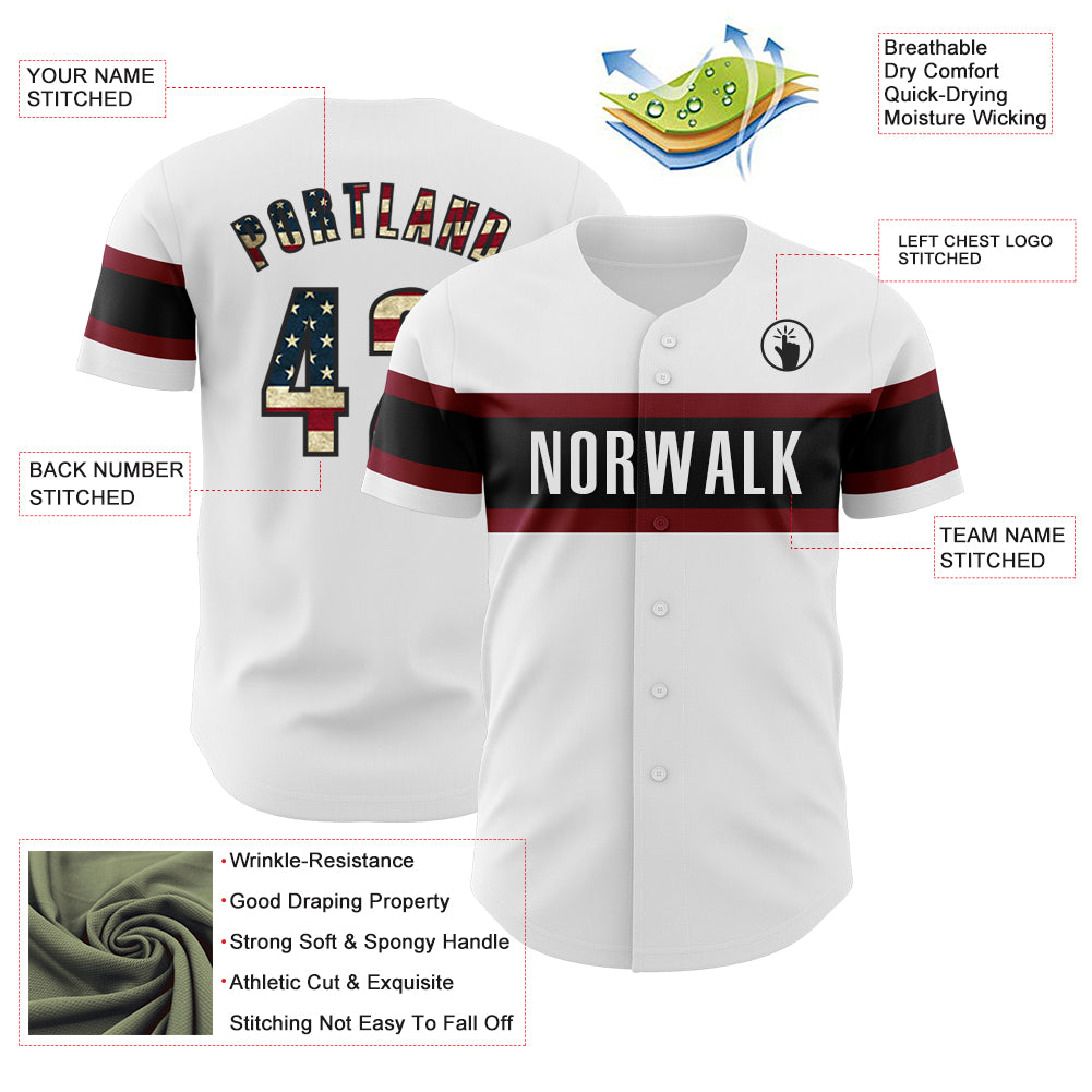Personalized White Vintage USA Flag Black-Maroon Authentic Baseball Jersey Team Custom Name and Number Customizable Vintage USA Flag Baseball Jersey with Black-Maroon Design - Personalized Name and Number Personalized White - Image 3
