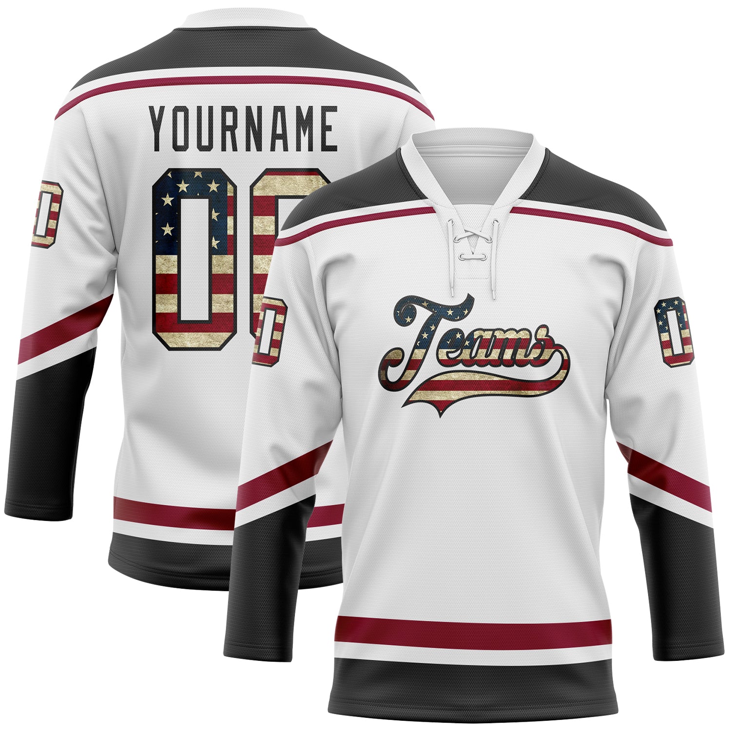 Custom Name and Number Vintage USA Flag Hockey Jersey Black-Maroon Lace Neck Personalized Team Apparel Personalized White