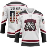 Custom Name and Number Vintage USA Flag Hockey Jersey Black-Maroon Lace Neck Personalized Team Apparel Personalized White