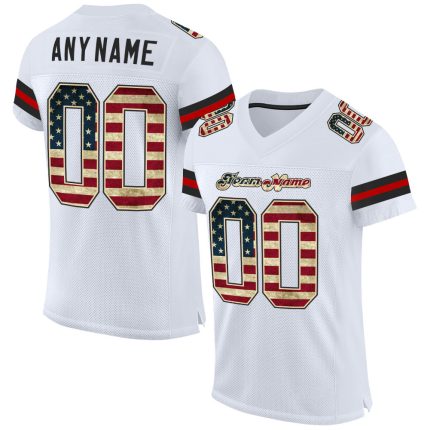 Customizable Vintage USA Flag Football Jersey with Black Mesh - Personalized Name and Number Personalized White Vintage USA