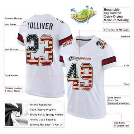 Customizable Vintage USA Flag Football Jersey with Black Mesh - Personalized Name and Number Personalized White Vintage USA