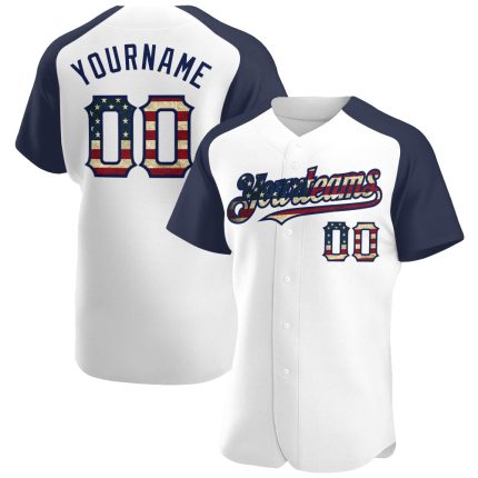 Custom Name Number Vintage USA Flag Baseball Jersey - Navy Raglan Sleeves - Personalized Team Apparel Personalized White