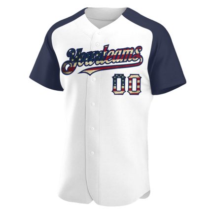 Custom Name Number Vintage USA Flag Baseball Jersey - Navy Raglan Sleeves - Personalized Team Apparel Personalized White