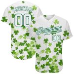 Custom St. Patricks Day Baseball Jersey - Personalized 3D White Kelly Green Design with Name & Number Personalized White