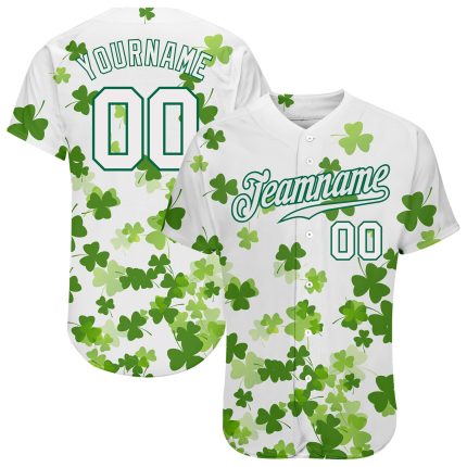 Custom St. Patricks Day Baseball Jersey - Personalized 3D White Kelly Green Design with Name & Number Personalized White