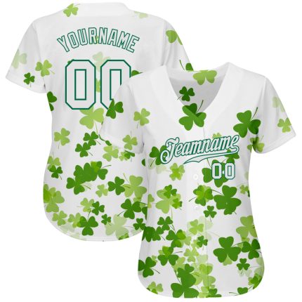 Custom St. Patricks Day Baseball Jersey - Personalized 3D White Kelly Green Design with Name & Number Personalized White