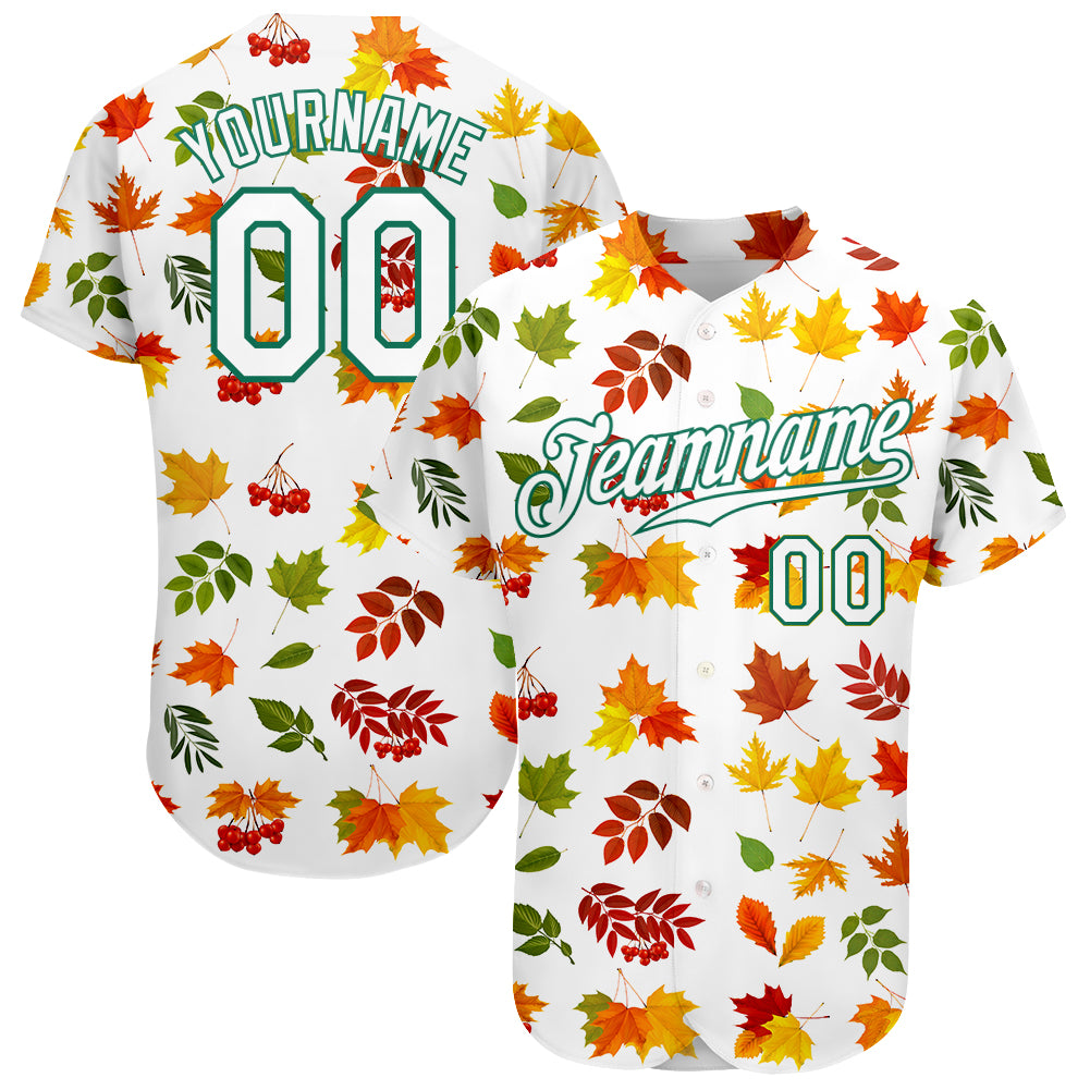 Personalized 3D Autumn Leaves Baseball Jersey with Custom Name & Number - White Kelly Green Design Personalized White White-Kelly