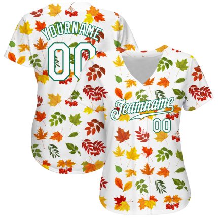 Personalized 3D Autumn Leaves Baseball Jersey with Custom Name & Number - White Kelly Green Design Personalized White White-Kelly