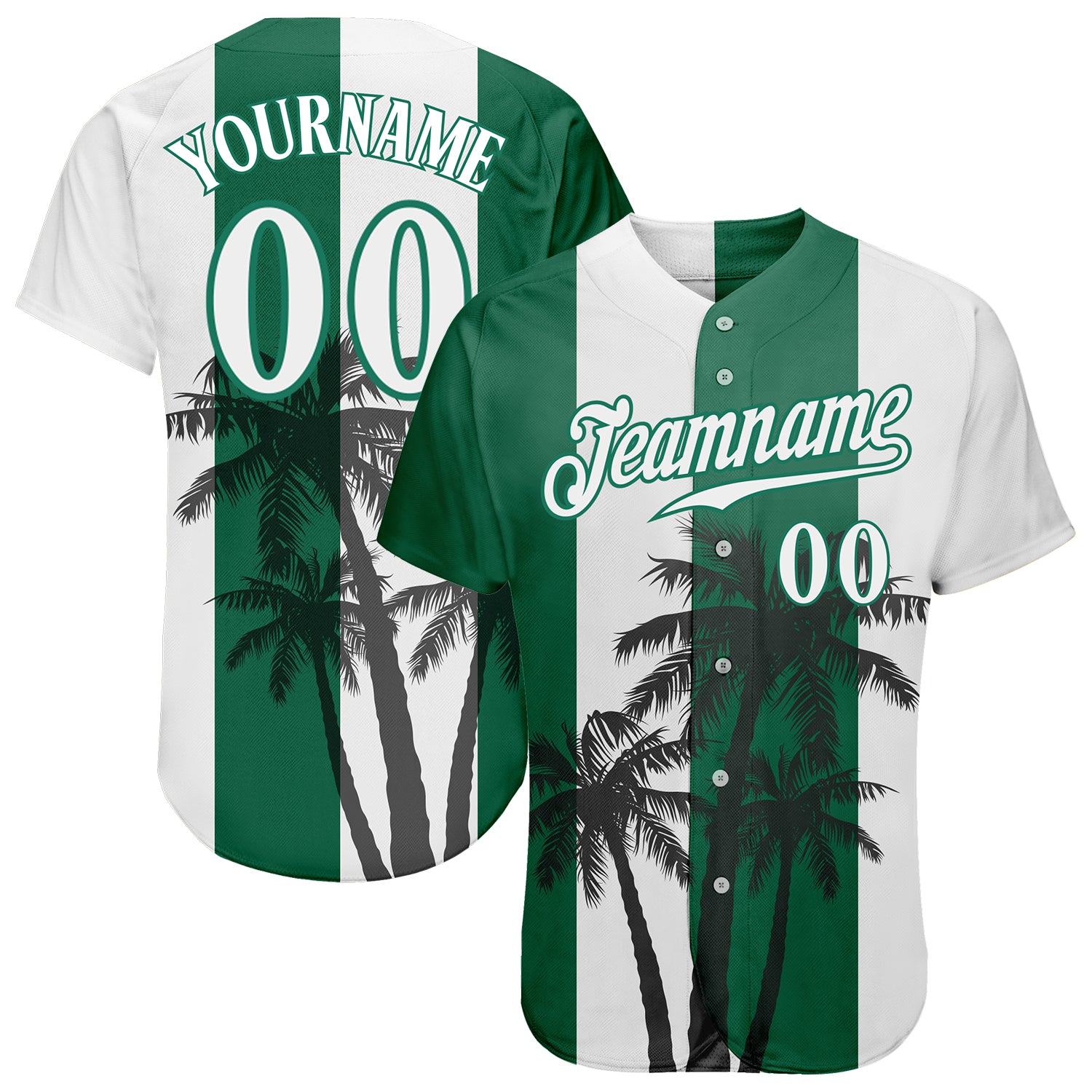 Custom Name and Number Baseball Jersey with Hawaii Coconut Trees 3D Pattern in White and Kelly Green - Personalized Jersey