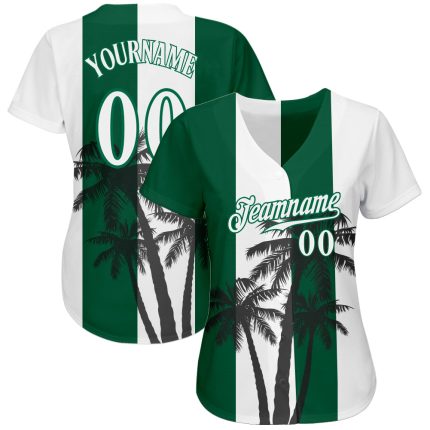 Custom Name and Number Baseball Jersey with Hawaii Coconut Trees 3D Pattern in White and Kelly Green - Personalized Jersey