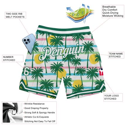Personalized 3D Pattern Design Basketball Shorts with Palm Trees in White and Kelly Green Personalized White White-Kelly