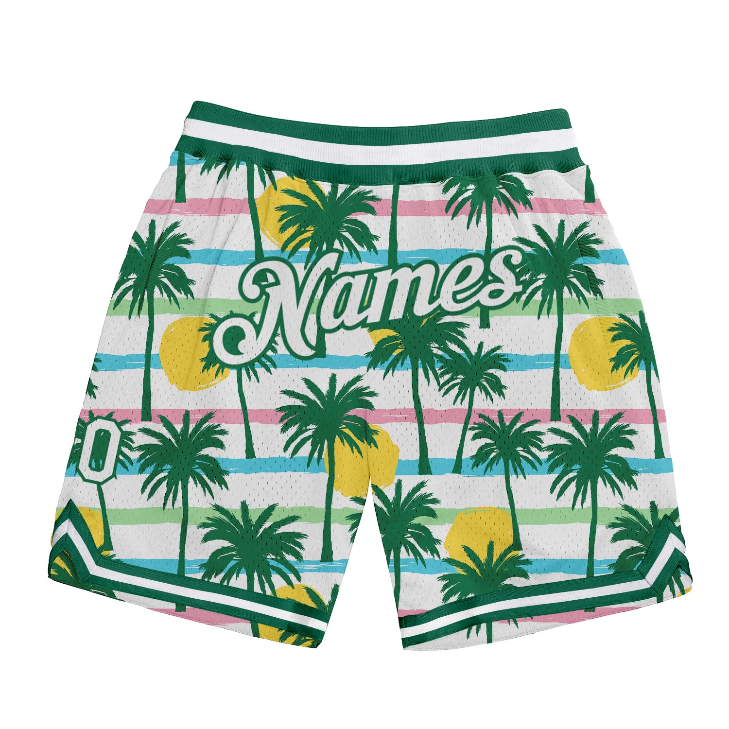 Personalized 3D Pattern Design Basketball Shorts with Palm Trees in White and Kelly Green Personalized White White-Kelly