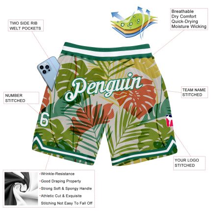 Custom Name Number Basketball Shorts Palm Tree 3D Design White Kelly Green Authentic Team Apparel Personalized White White-Kelly