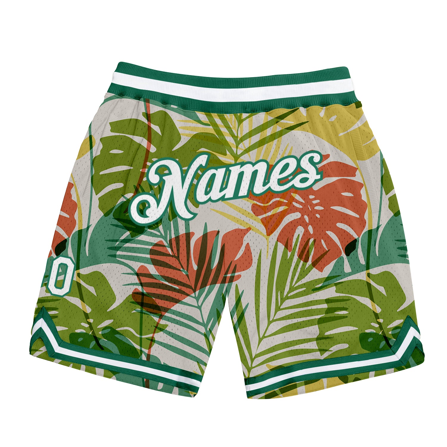 Custom Name Number Basketball Shorts Palm Tree 3D Design White Kelly Green Authentic Team Apparel Personalized White White-Kelly
