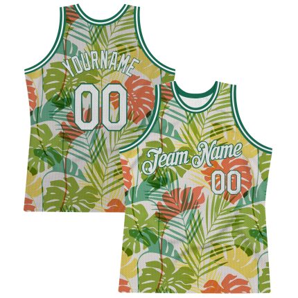 Personalized Hawaii Palm Trees Basketball Jersey with Custom Name and Number - Authentic 3D Pattern White and Kelly Green