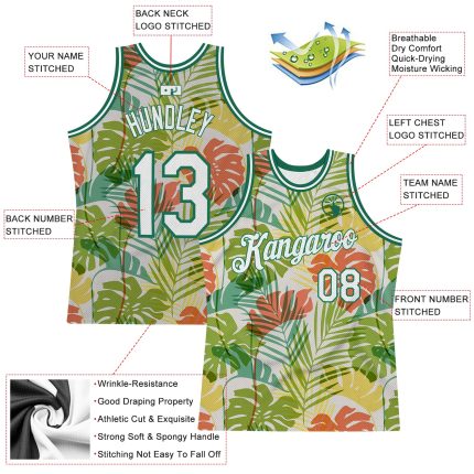 Personalized Hawaii Palm Trees Basketball Jersey with Custom Name and Number - Authentic 3D Pattern White and Kelly Green