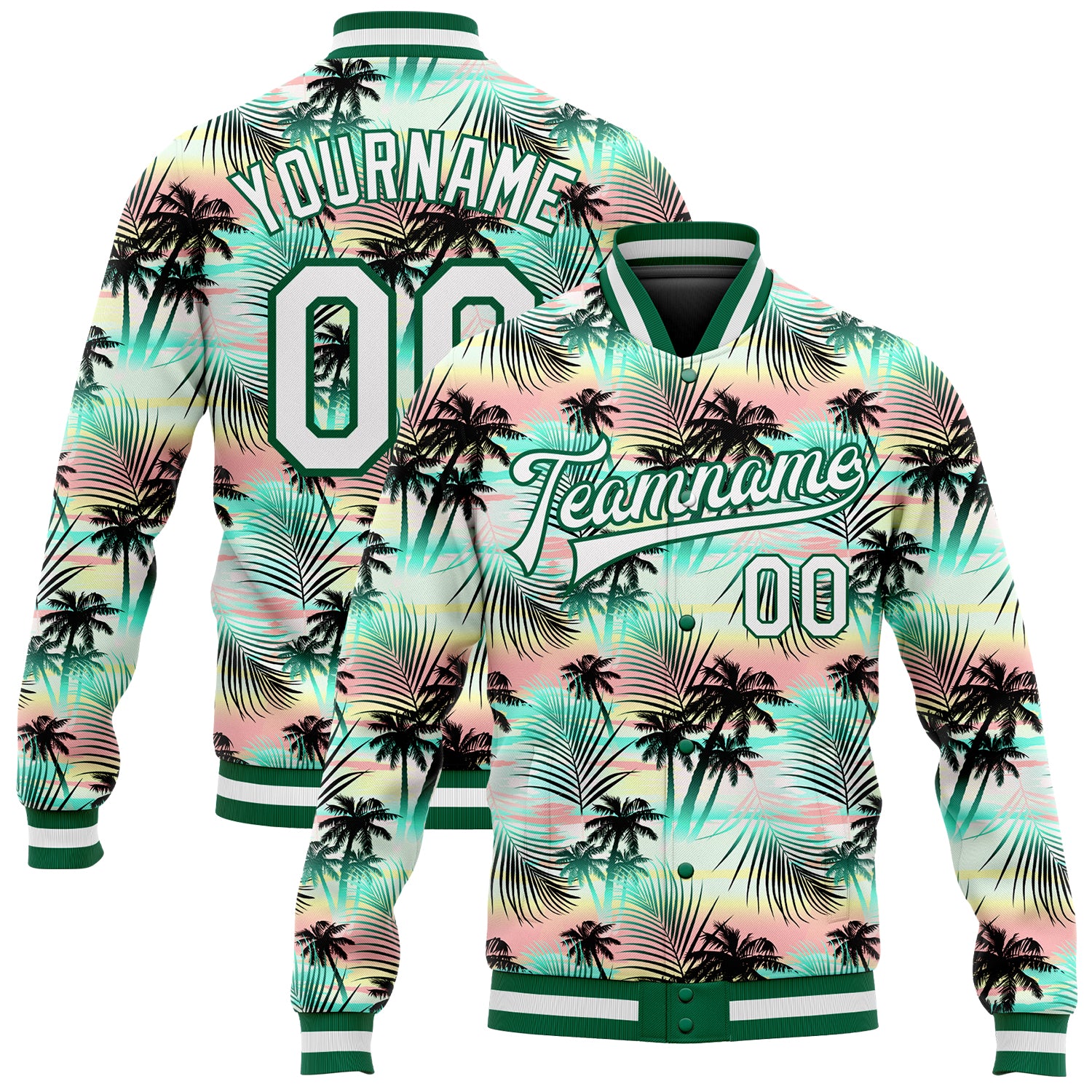 Custom Name and Number Hawaii Palm Trees 3D Pattern Varsity Bomber Full-Snap Jacket - Personalized White & Kelly Green Design
