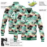 Custom Name and Number Hawaii Palm Trees 3D Pattern Varsity Bomber Full-Snap Jacket - Personalized White & Kelly Green Design
